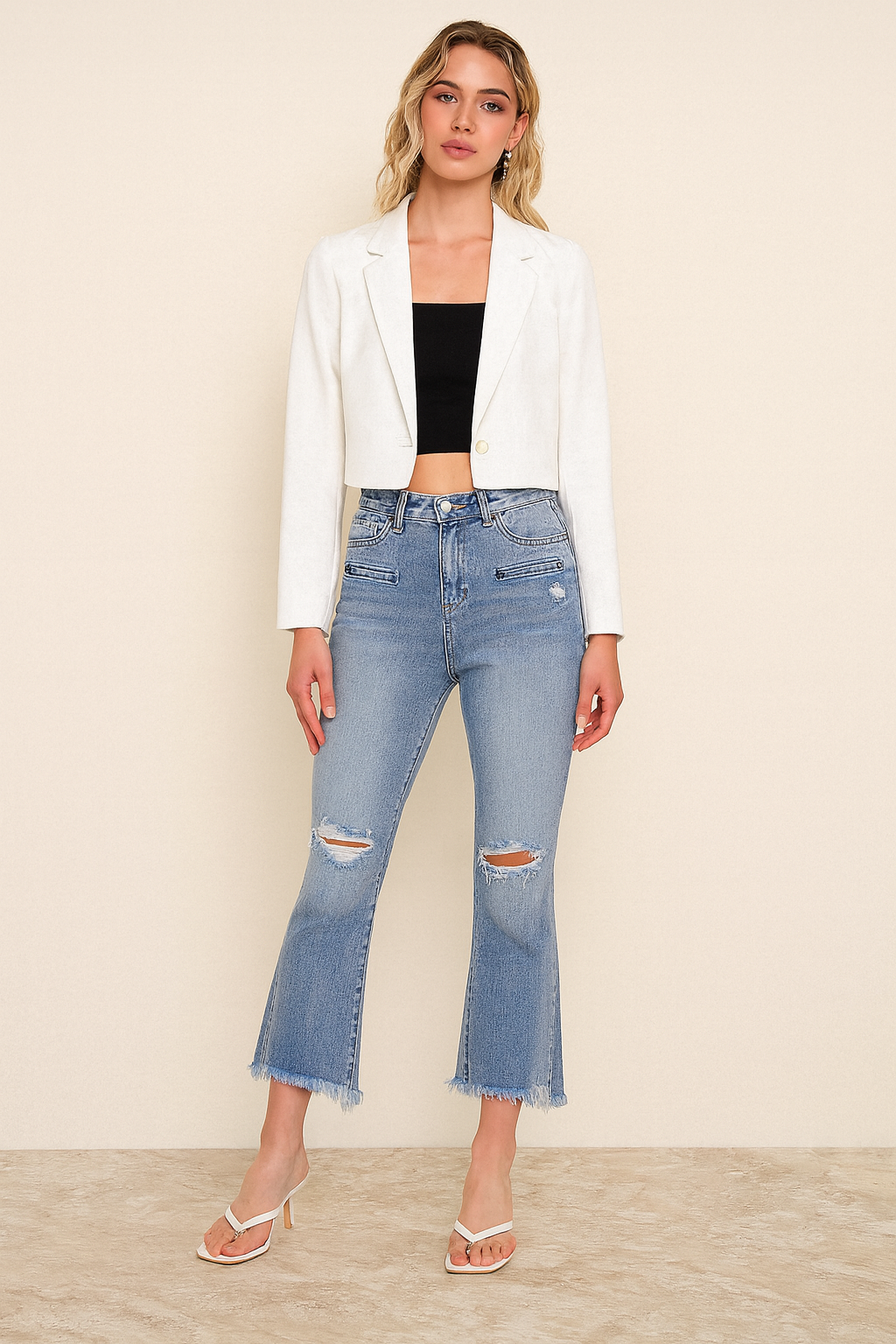 Queen Boss Full Size Raw Hem Distressed Cropped Flare Jeans
