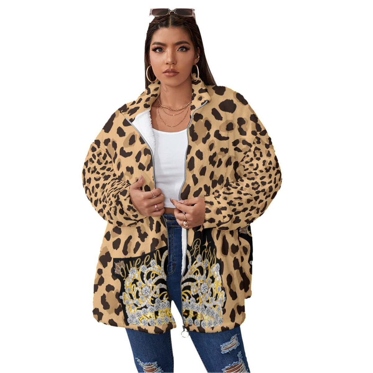 Queen Boss [Plus Size] Fleece Stand-up Collar Coat With Zipper Closure