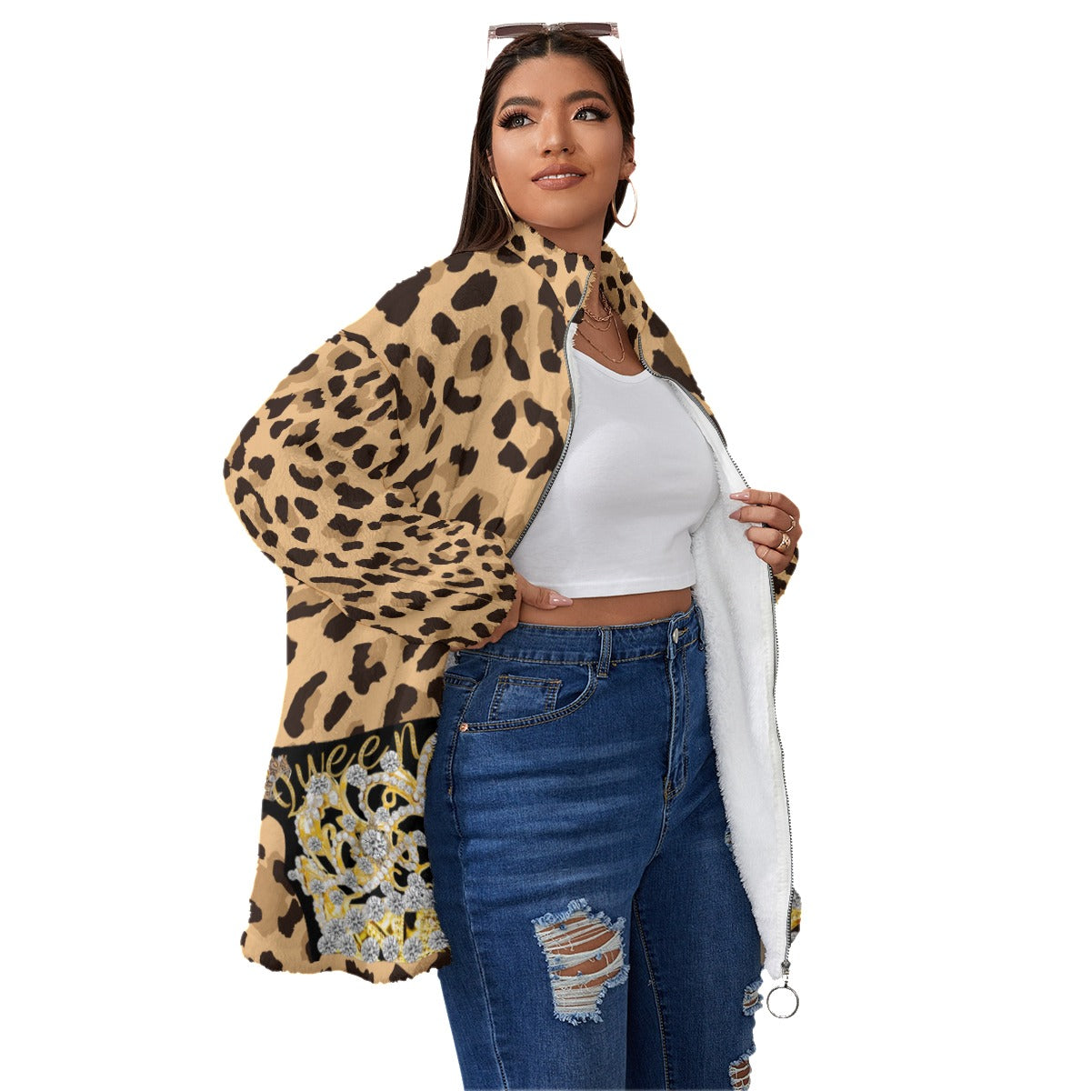 Queen Boss [Plus Size] Fleece Stand-up Collar Coat With Zipper Closure