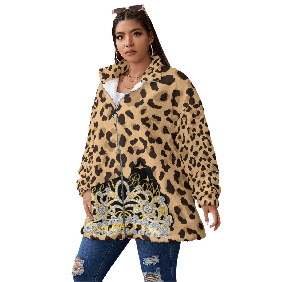 Queen Boss [Plus Size] Fleece Stand-up Collar Coat With Zipper Closure