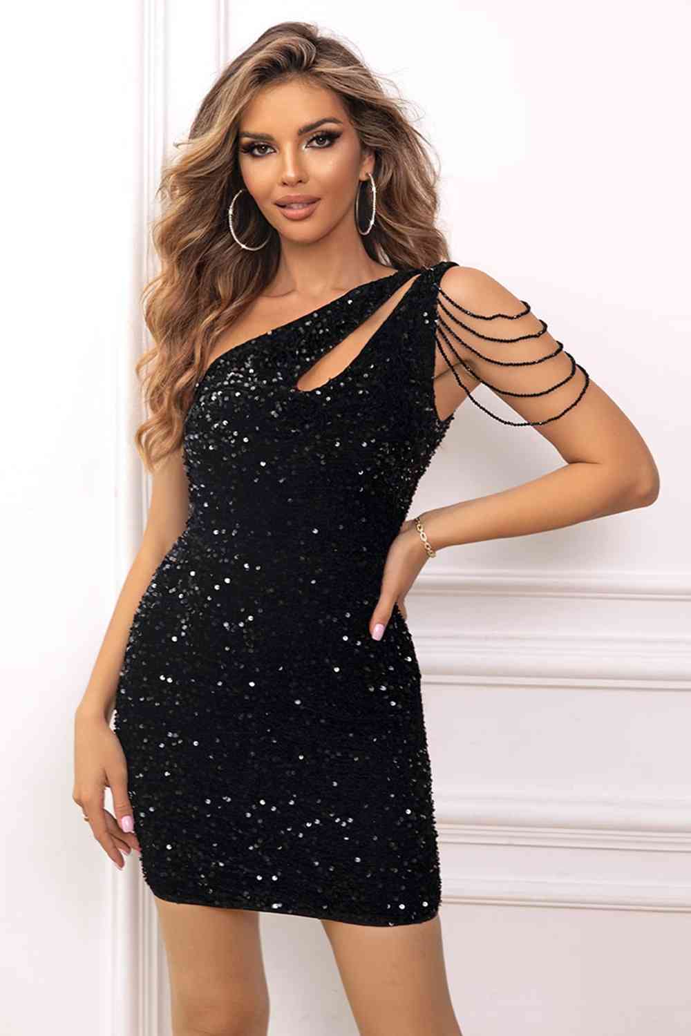 Golden Reign One-Shoulder Sequin Sleeveless Mini Dress