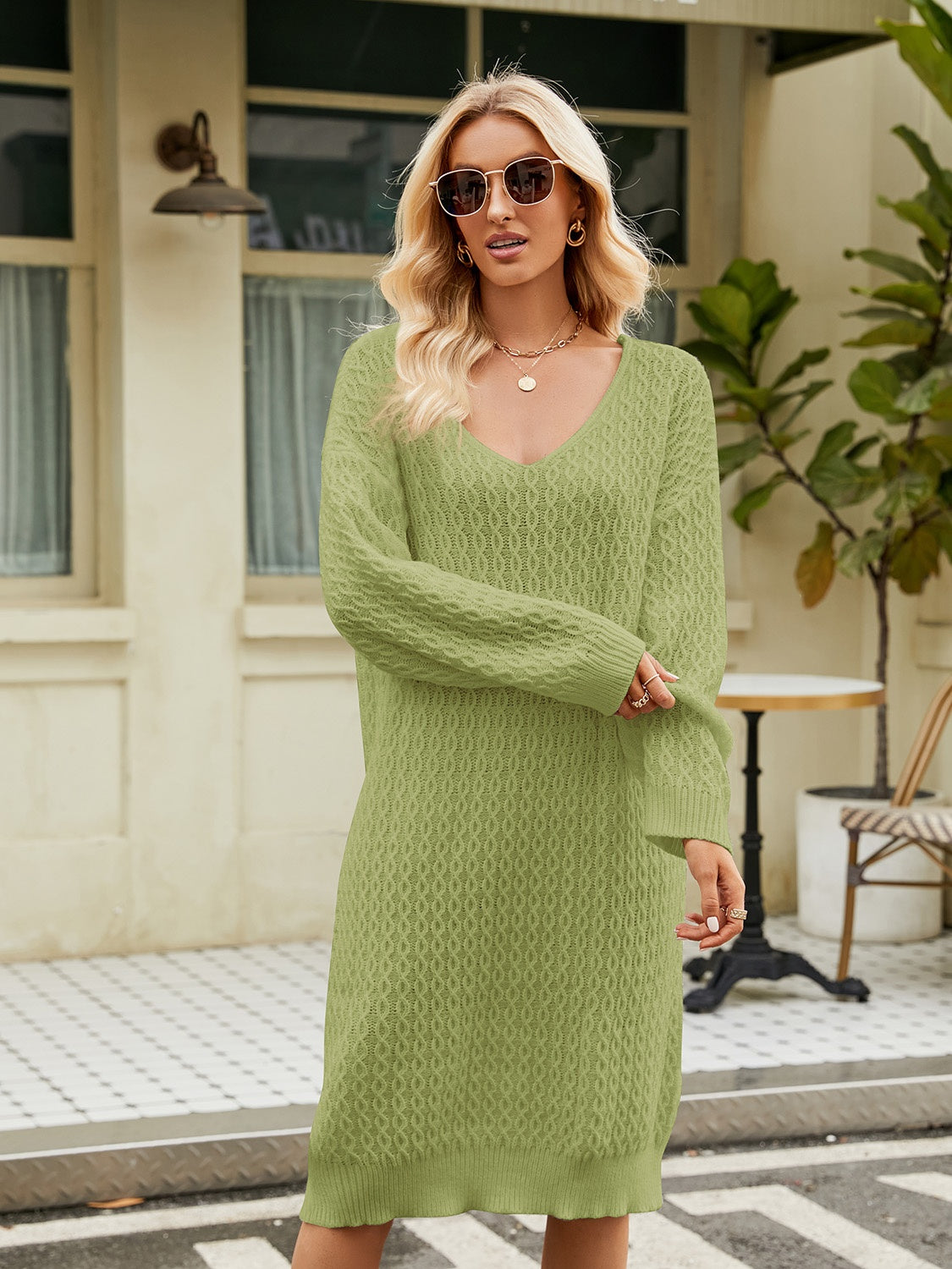 Urban Bloom Long Sleeve Sweater V-Neck Dress