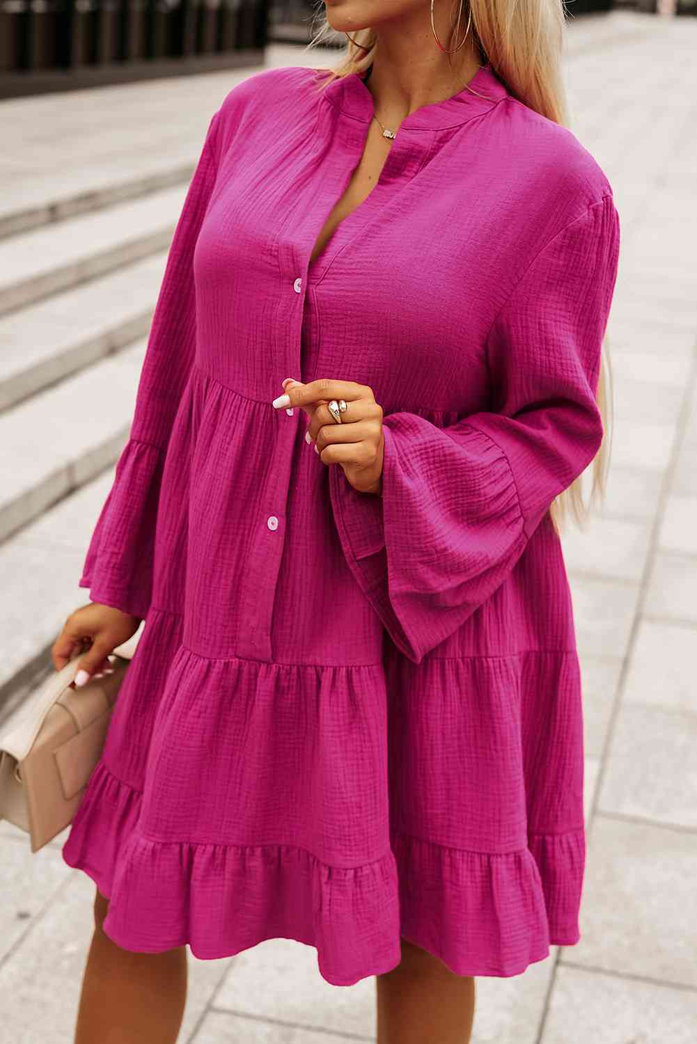 "Fuchsia Flow" Tiered Button Dress